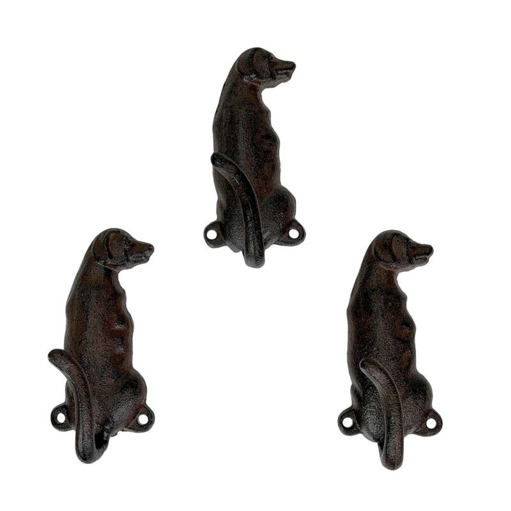 Set of 3 Dog Wall Hooks Rustic Brown Cast Iron 4.5 in Decorative Hooks